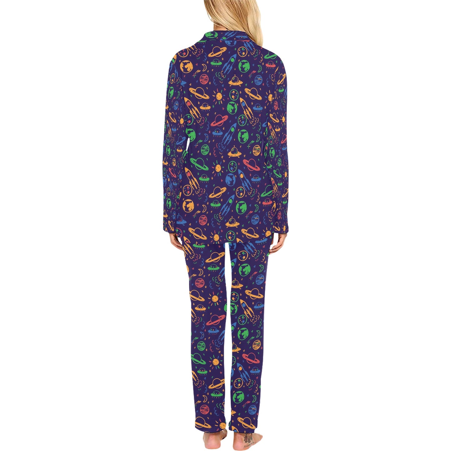 UFO Space Rocket Print Design LKS302 Women's Long Pajama Set