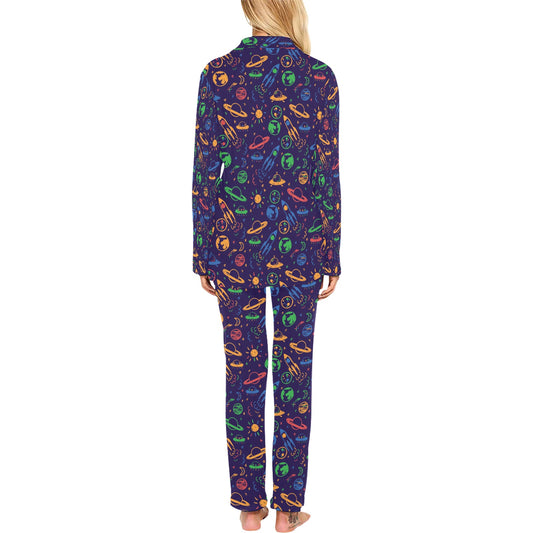 UFO Space Rocket Print Design LKS302 Women's Long Pajama Set