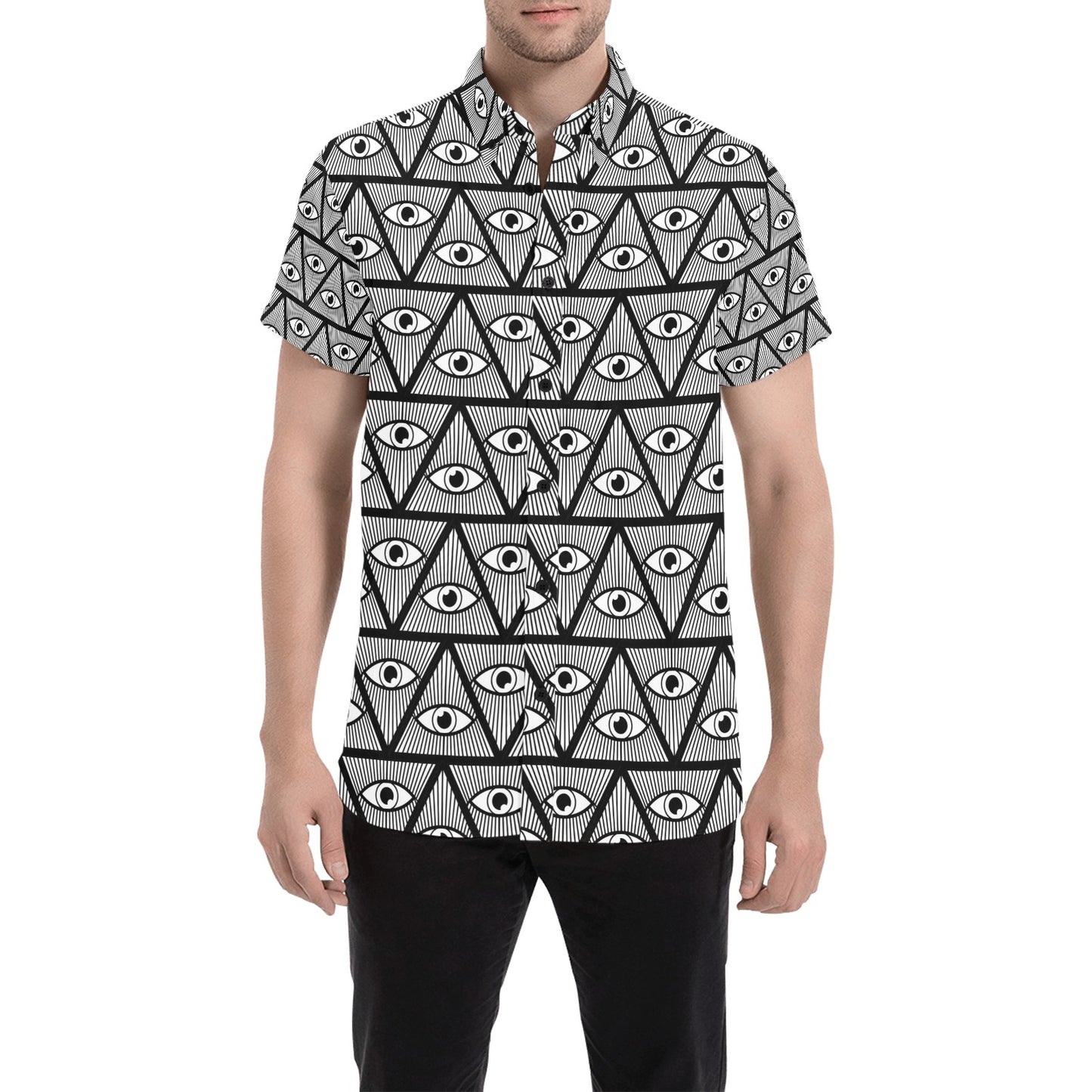 Third Eye Pattern Print Design LKS304 Men Short Sleeve Button Up Shirt
