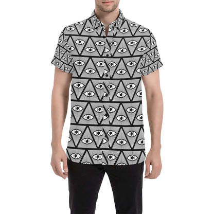 Third Eye Pattern Print Design LKS304 Men Short Sleeve Button Up Shirt