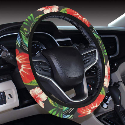 Hibiscus Red With Parrotprint Design LKS303 Steering Wheel Cover with Elastic Edge