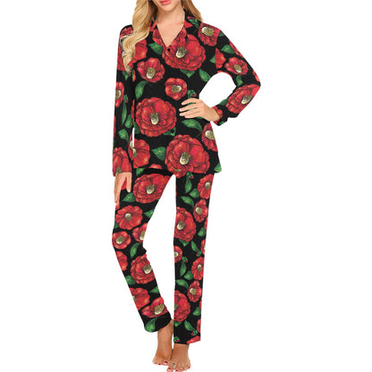 Camellia Pattern Print Design CM07 Women's Long Pajama Set