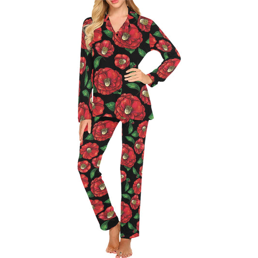 Camellia Pattern Print Design CM07 Women's Long Pajama Set