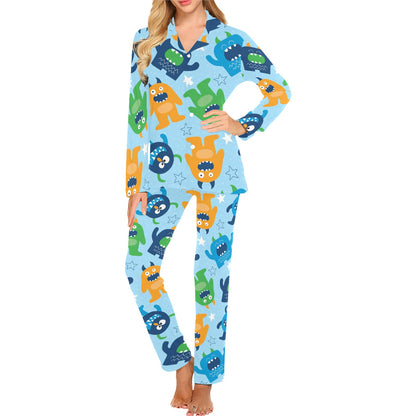 Monster Cartoon Pattern Print Design 04 Women's Long Pajama Set