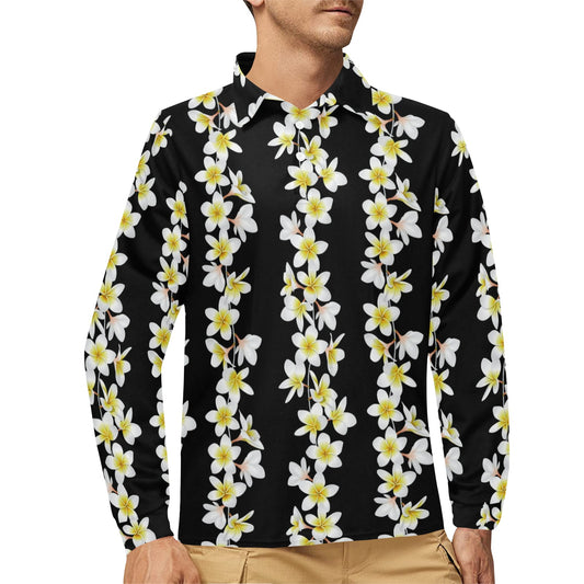 White Plumeria Pattern Print Design PM08 Long Sleeve Polo Shirt For Men's