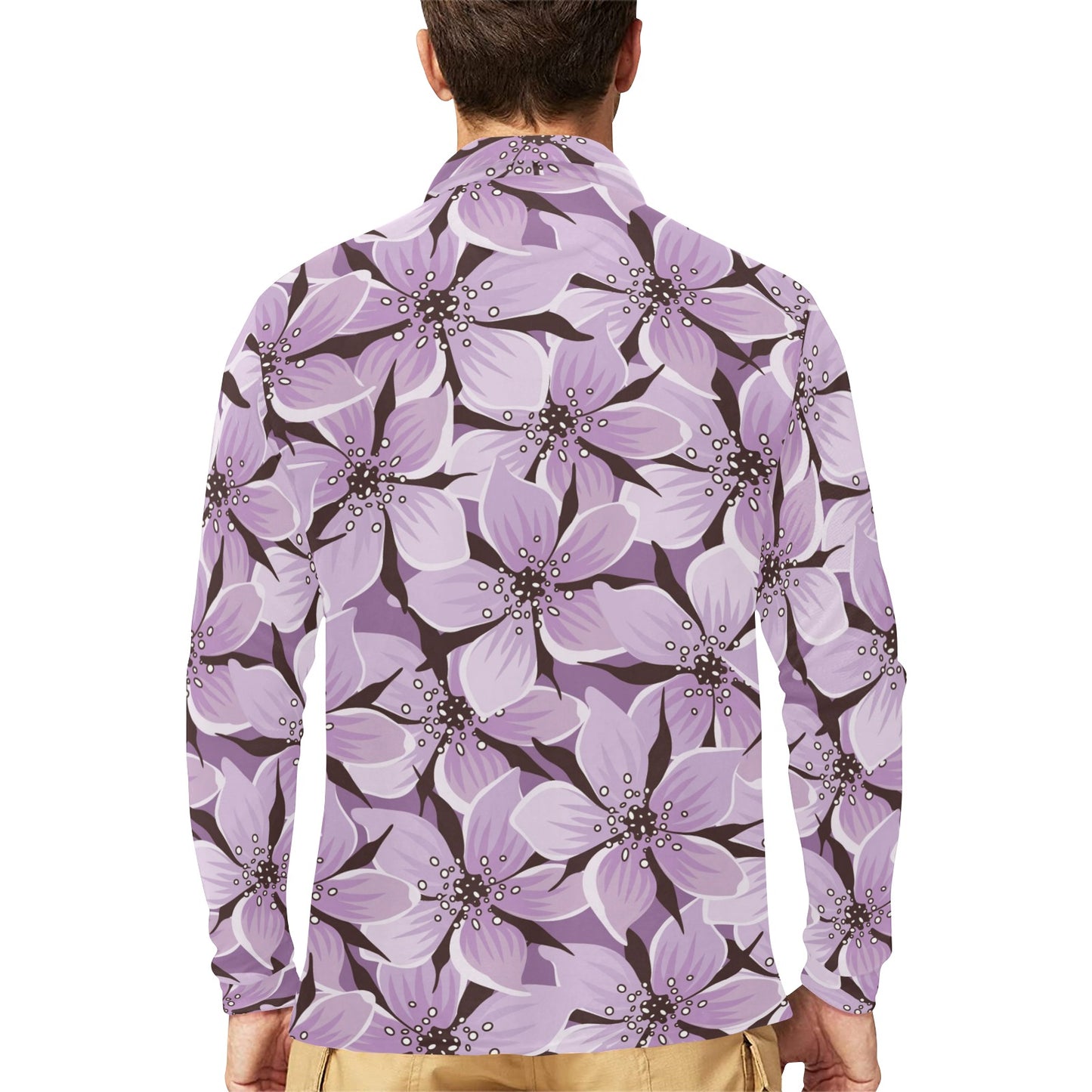 Lilac Pattern Print Design 01 Long Sleeve Polo Shirt For Men's