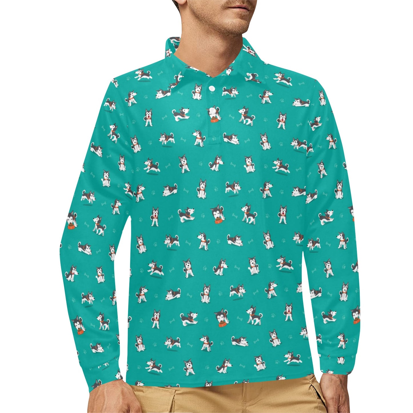 Siberian Huskies Print Design LKS303 Long Sleeve Polo Shirt For Men's