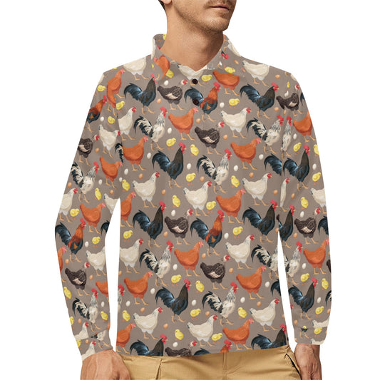 Chicken Evolution Pattern Long Sleeve Polo Shirt For Men's