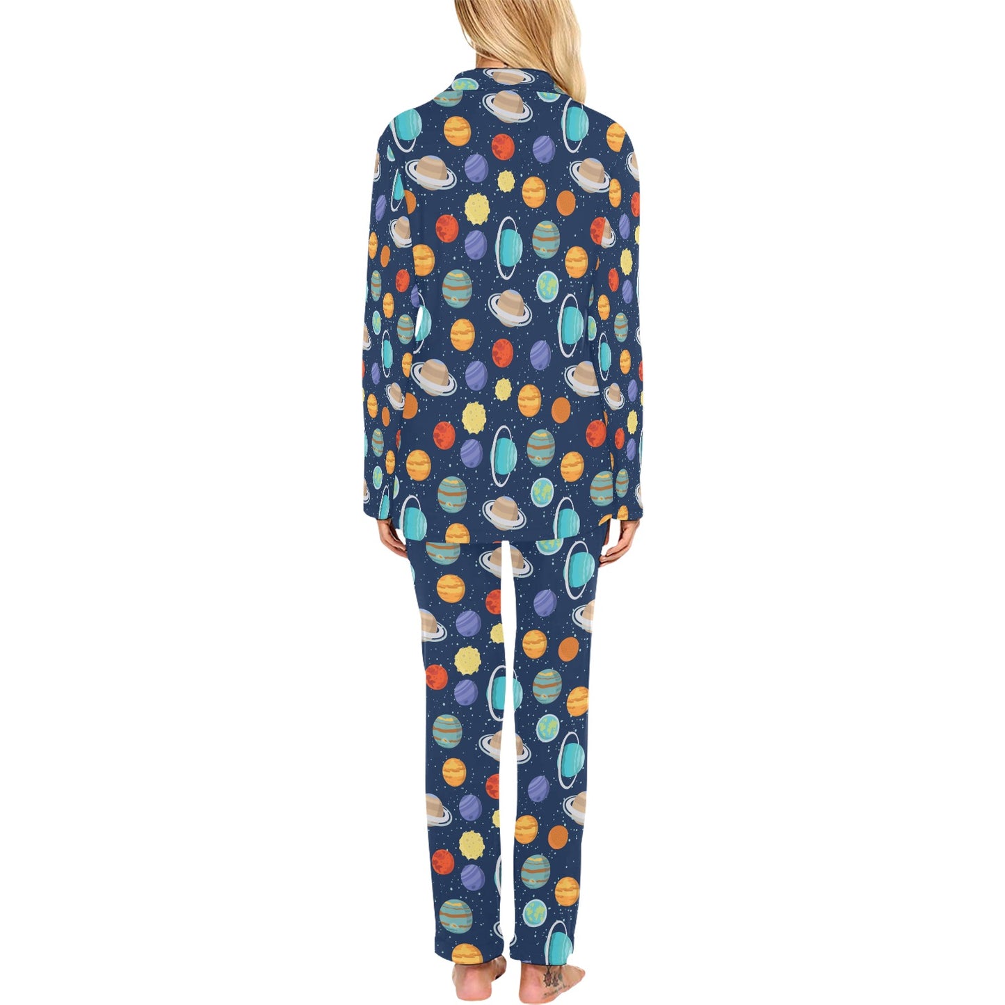 Planet With Star Print Design LKS303 Women's Long Pajama Set