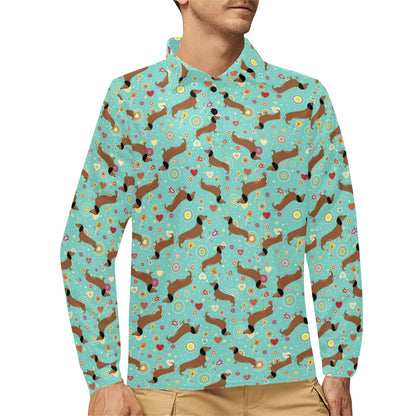 Dachshund with Floral Print Pattern Long Sleeve Polo Shirt For Men's