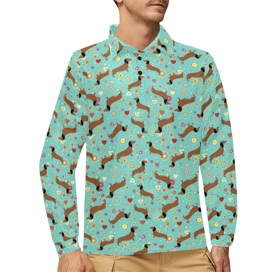 Dachshund with Floral Print Pattern Long Sleeve Polo Shirt For Men's