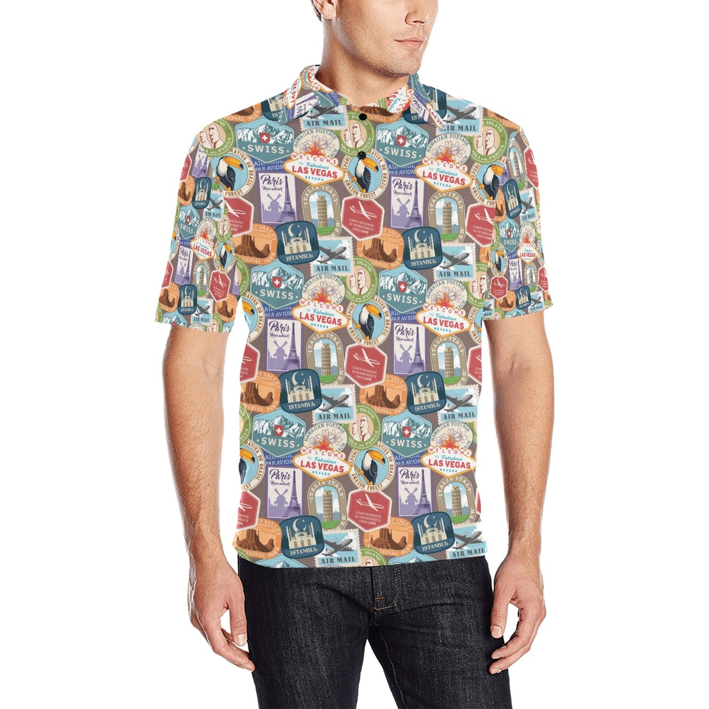 Travel Stamp Print Design LKS301 Men Polo Shirt