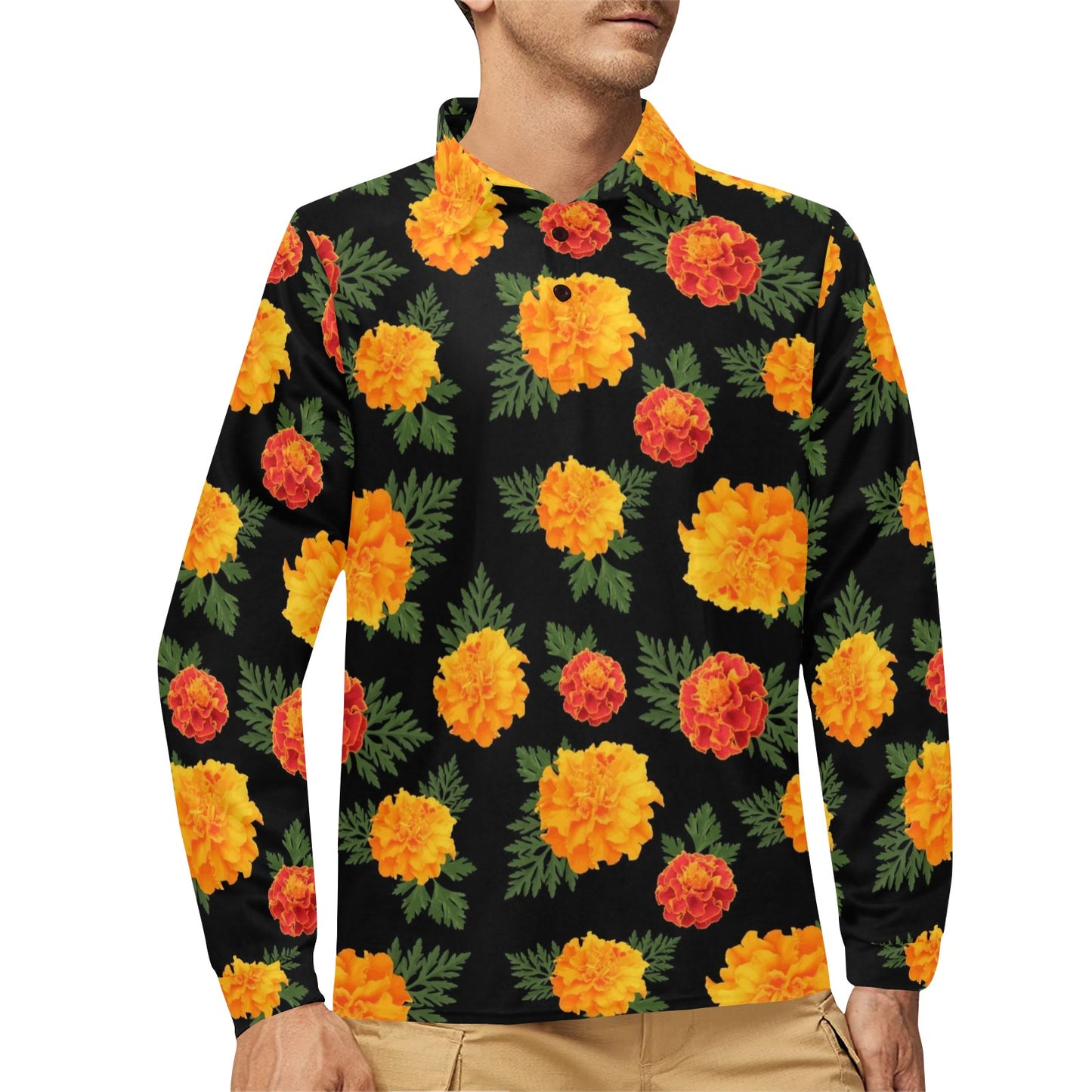 Marigold Pattern Print Design MR05 Long Sleeve Polo Shirt For Men's