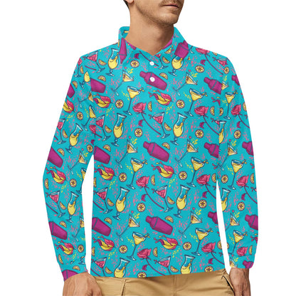 Cocktail Pattern Print Design 03 Long Sleeve Polo Shirt For Men's