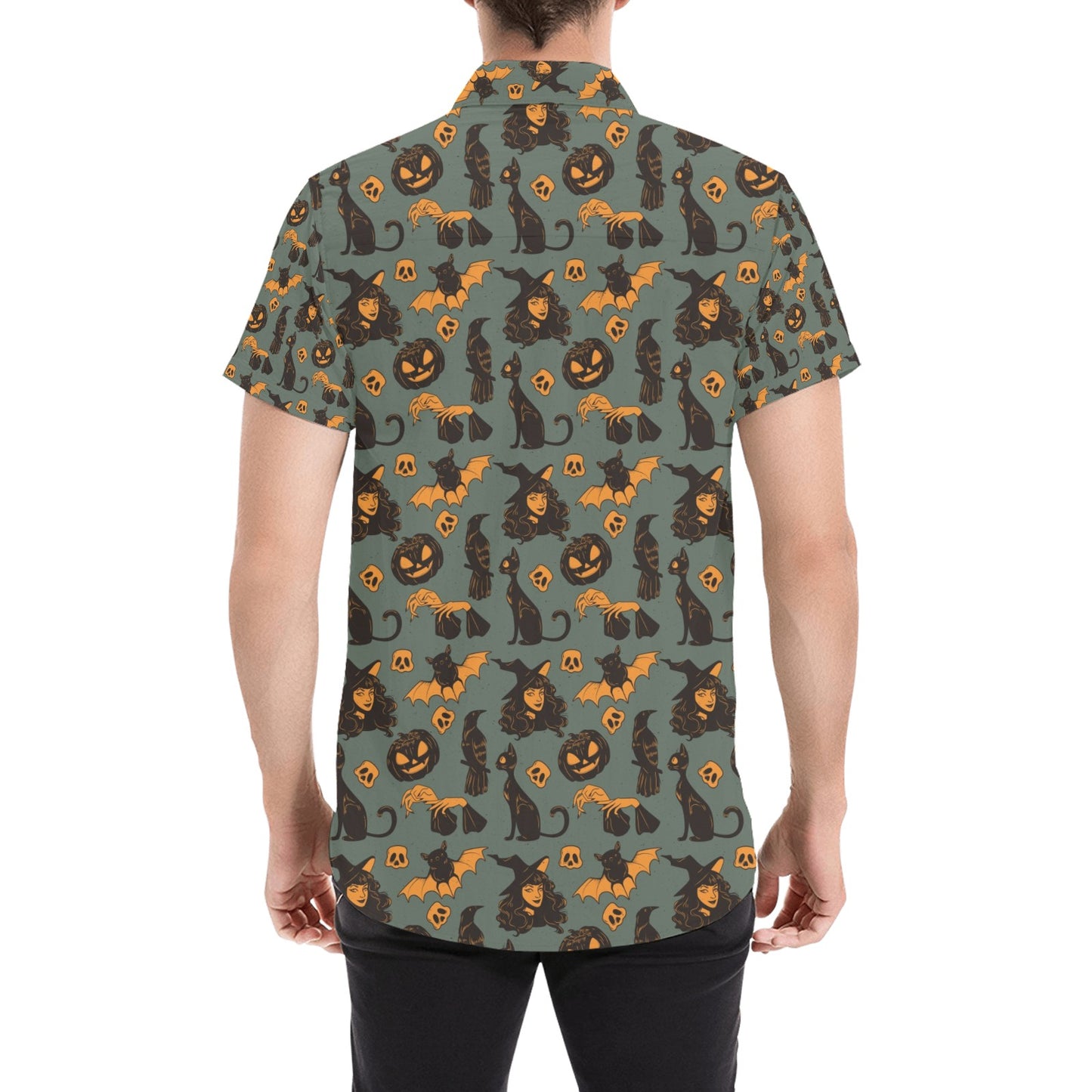 Witch Bat Halloween Print Design LKS305 Men Short Sleeve Button Up Shirt