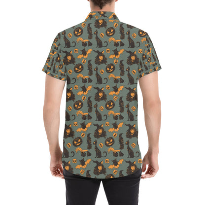 Witch Bat Halloween Print Design LKS305 Men Short Sleeve Button Up Shirt