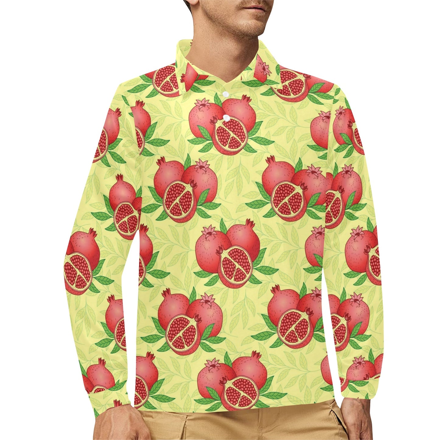 Pomegranate Pattern Print Design PG07 Long Sleeve Polo Shirt For Men's