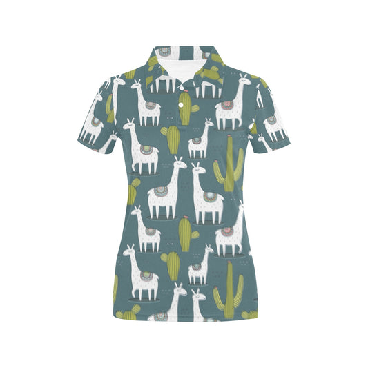 Llama Cactus Pattern Print Design 03 Women's Polo Shirt
