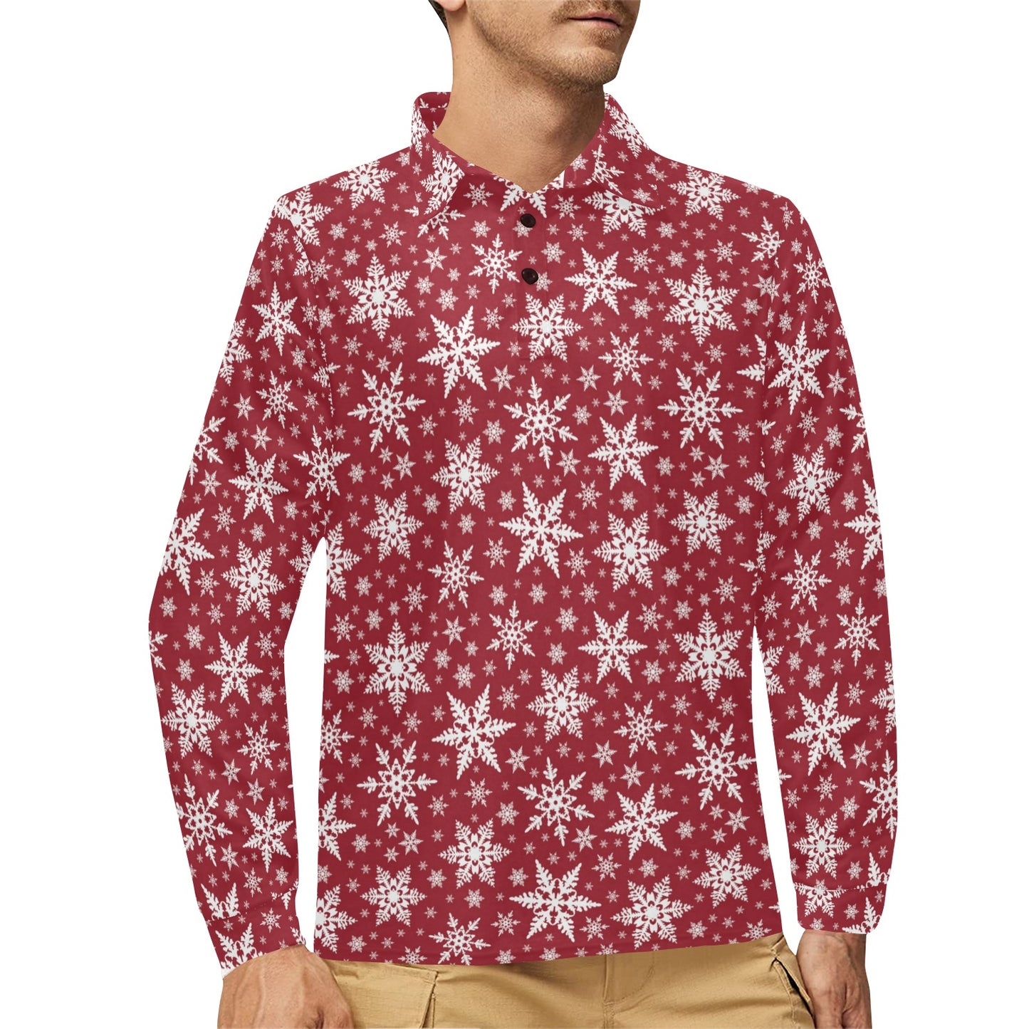 Snowflake Red Print Design LKS302 Long Sleeve Polo Shirt For Men's
