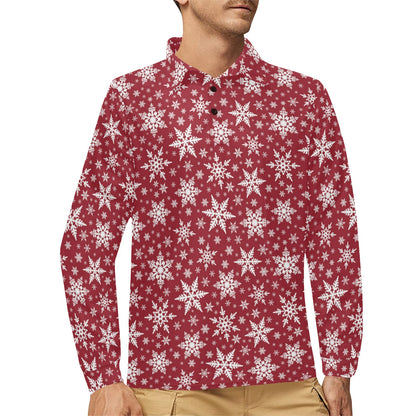 Snowflake Red Print Design LKS302 Long Sleeve Polo Shirt For Men's