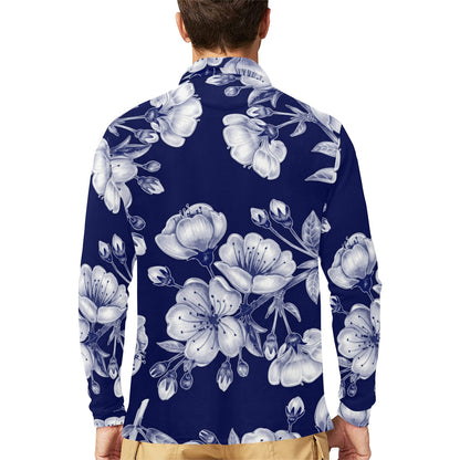 Cherry Blossom Pattern Print Design CB01 Long Sleeve Polo Shirt For Men's