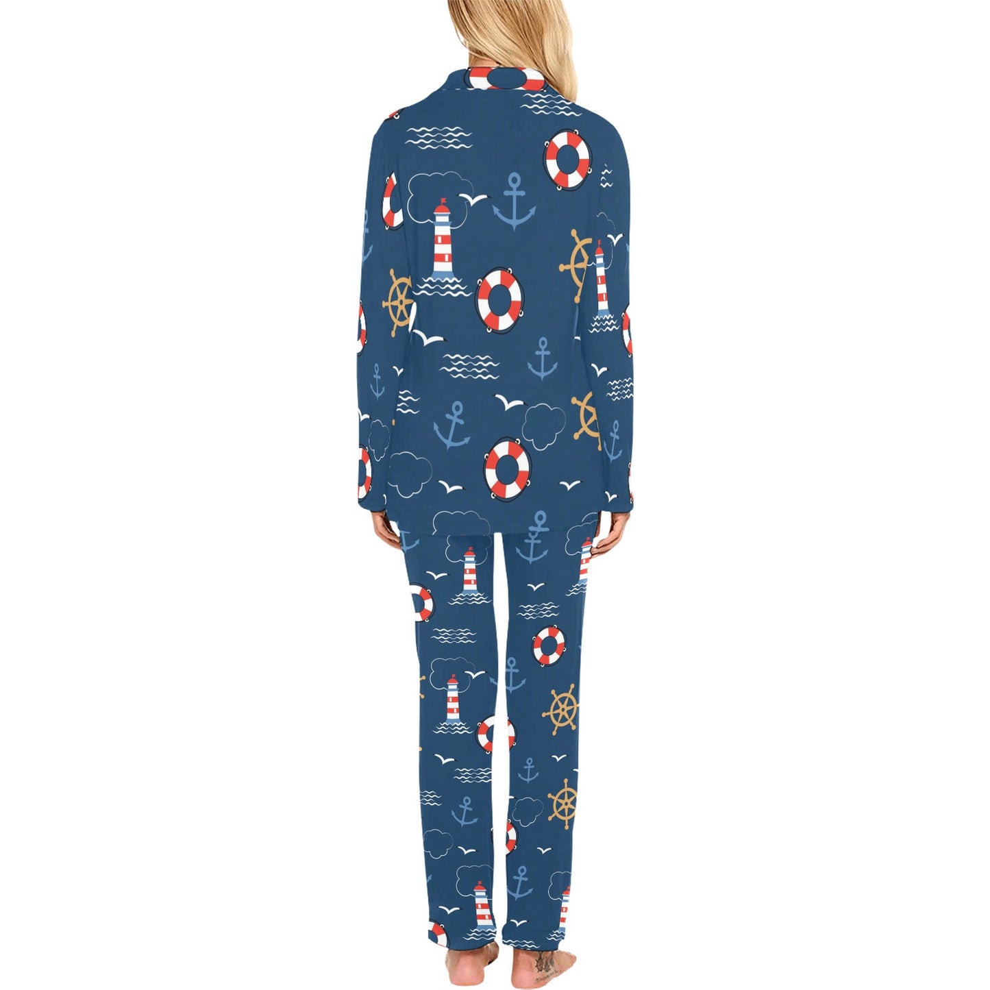 Nautical Pattern Print Design A06 Women's Long Pajama Set
