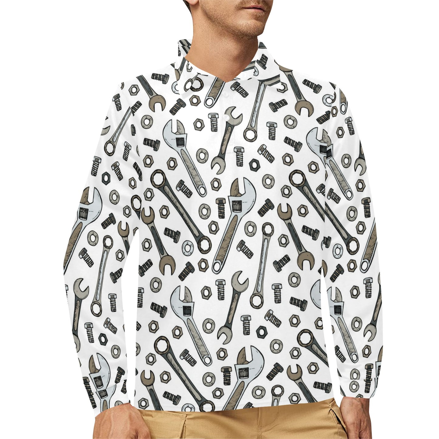 Mechanic Pattern Print Design 03 Long Sleeve Polo Shirt For Men's