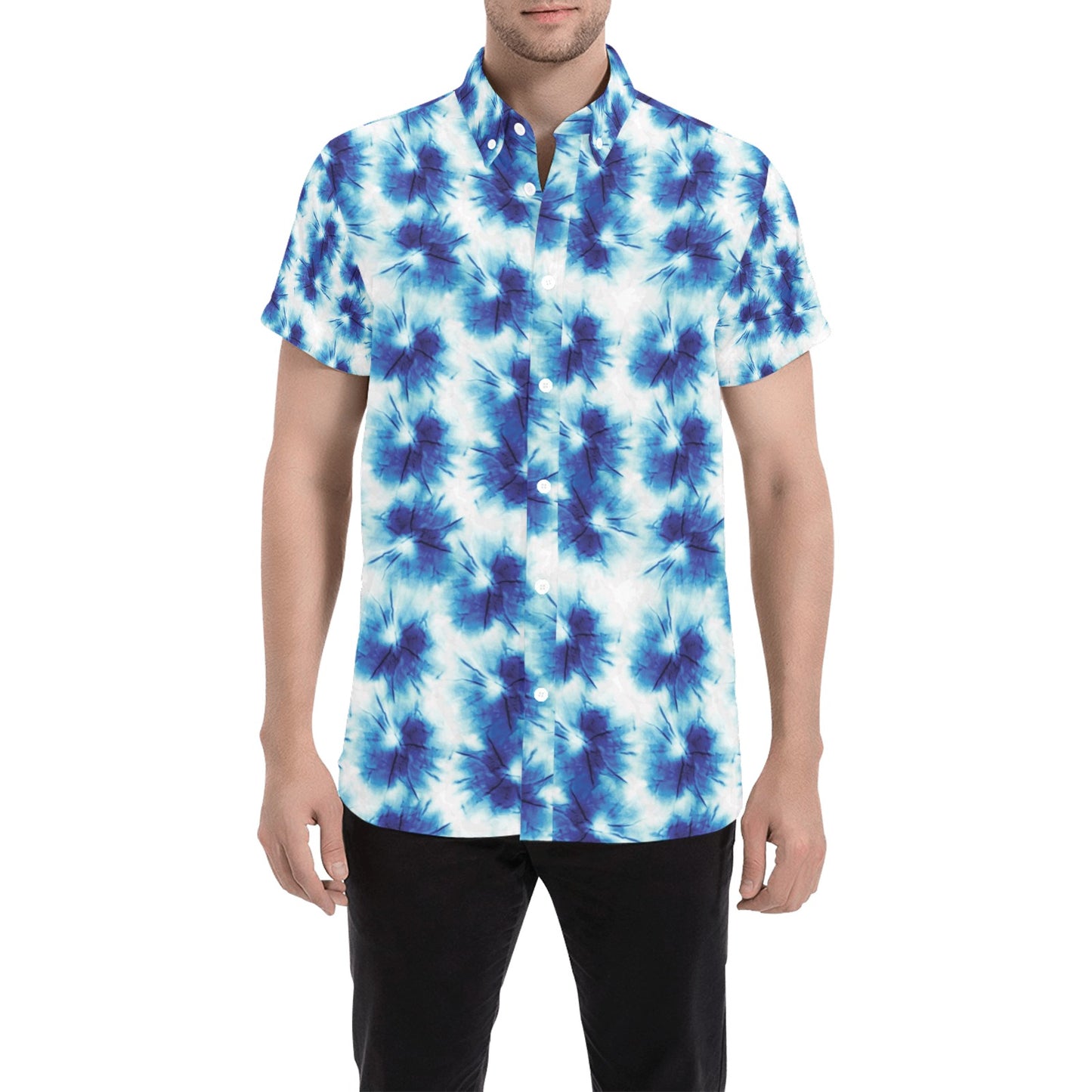 Tie Dye Blue Print Design LKS305 Men Short Sleeve Button Up Shirt