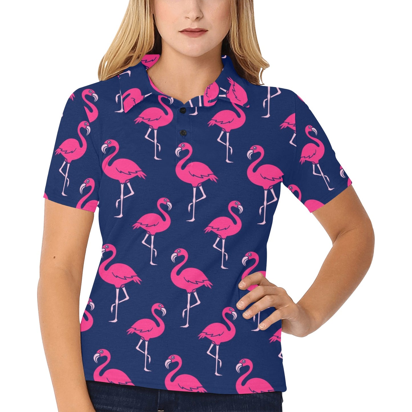 Pink Flamingo Pattern Women's Polo Shirt
