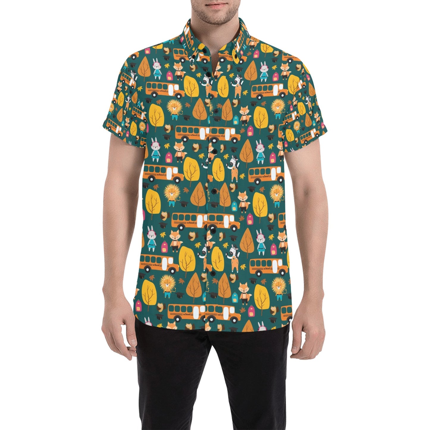 School Bus Print Design LKS309 Men Short Sleeve Button Up Shirt