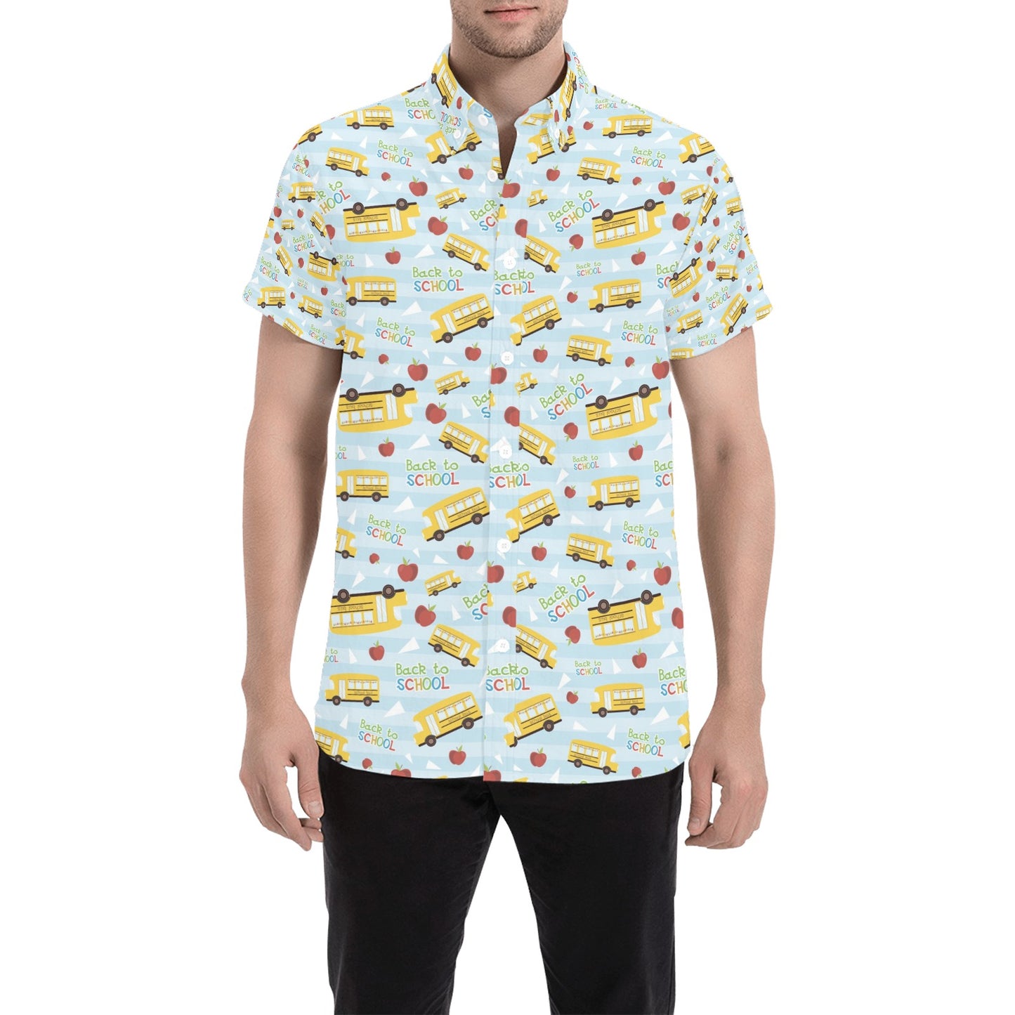 School Bus Back To School Print Design LKS303 Men Short Sleeve Button Up Shirt