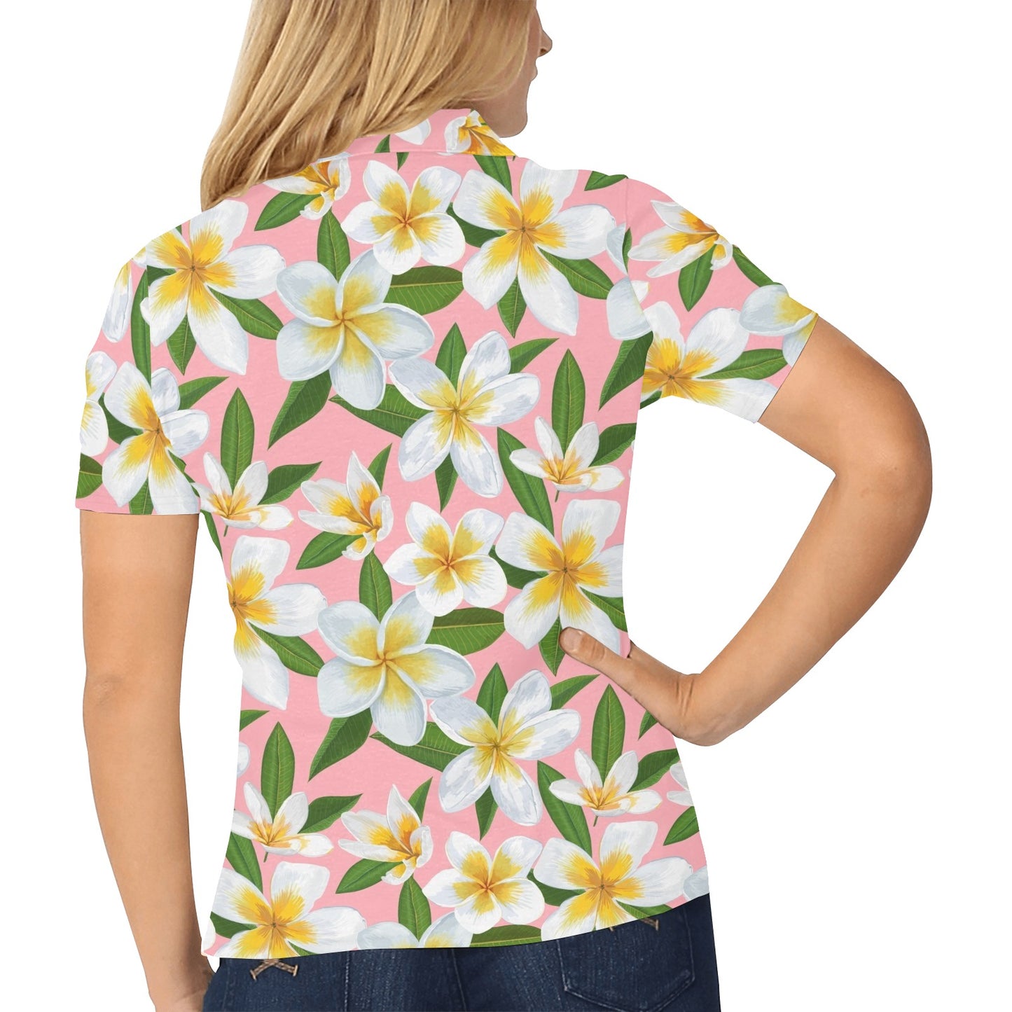White Plumeria Pattern Print Design PM011 Women's Polo Shirt