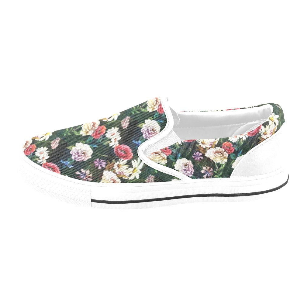 Summer Floral Print Design LKS303 White Slip Ons Canvas Women's Shoes