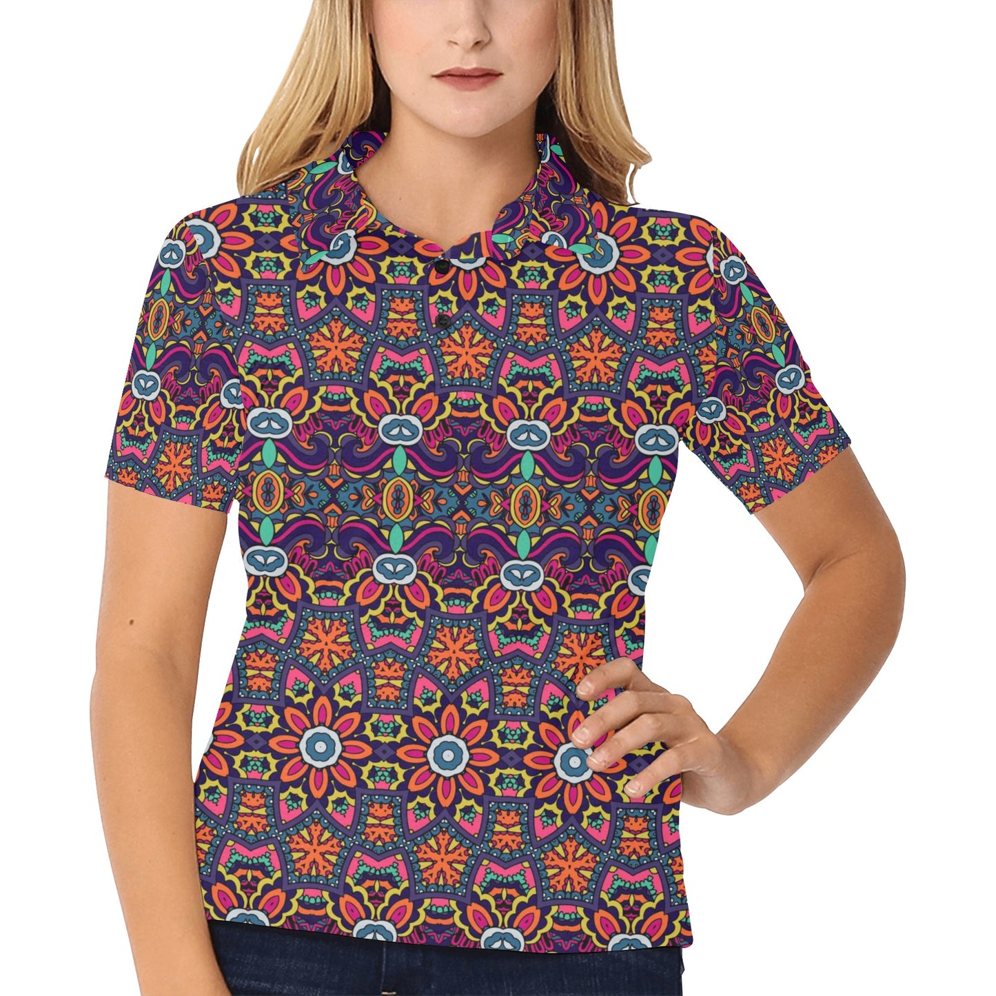 Ethnic Flower Style Print Pattern Women's Polo Shirt