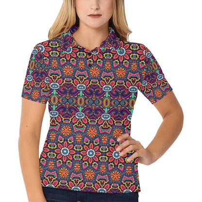 Ethnic Flower Style Print Pattern Women's Polo Shirt