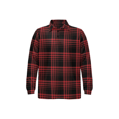 Tartan Red Black Print Design LKS303 Long Sleeve Polo Shirt For Men's