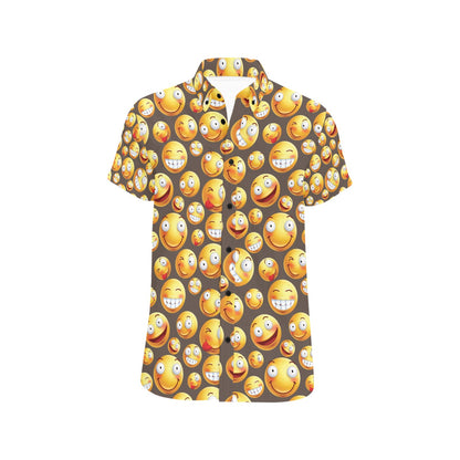 Smiley Face Emoji Print Design LKS303 Men Short Sleeve Button Up Shirt