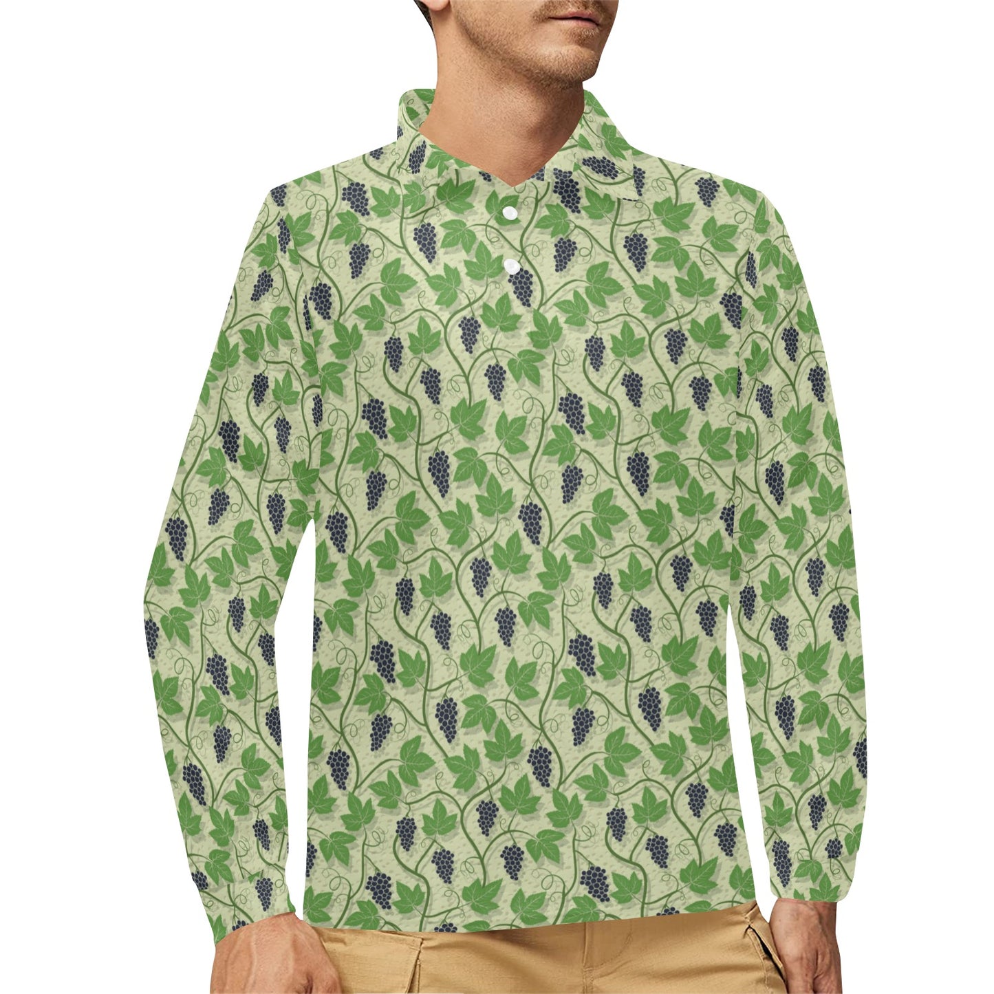 Wine Grape Thmed Print Long Sleeve Polo Shirt For Men's