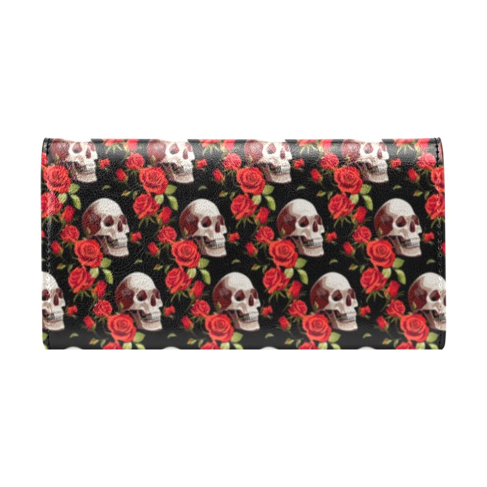 Red Rose Skull Design Print Women's Trifold Wallet