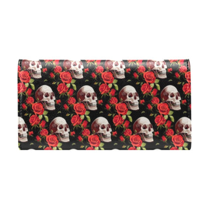 Red Rose Skull Design Print Women's Trifold Wallet