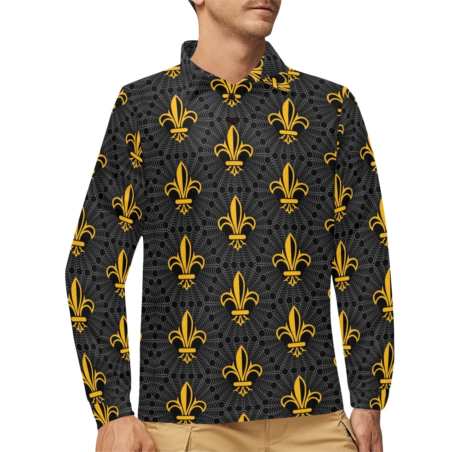 Fleur De Lis Gold Pattern Print Design 01 Long Sleeve Polo Shirt For Men's