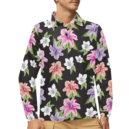 Lily Pattern Print Design LY02 Long Sleeve Polo Shirt For Men's