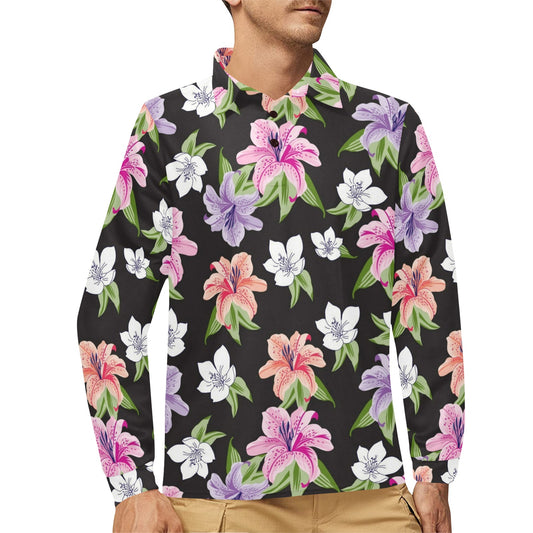 Lily Pattern Print Design LY02 Long Sleeve Polo Shirt For Men's