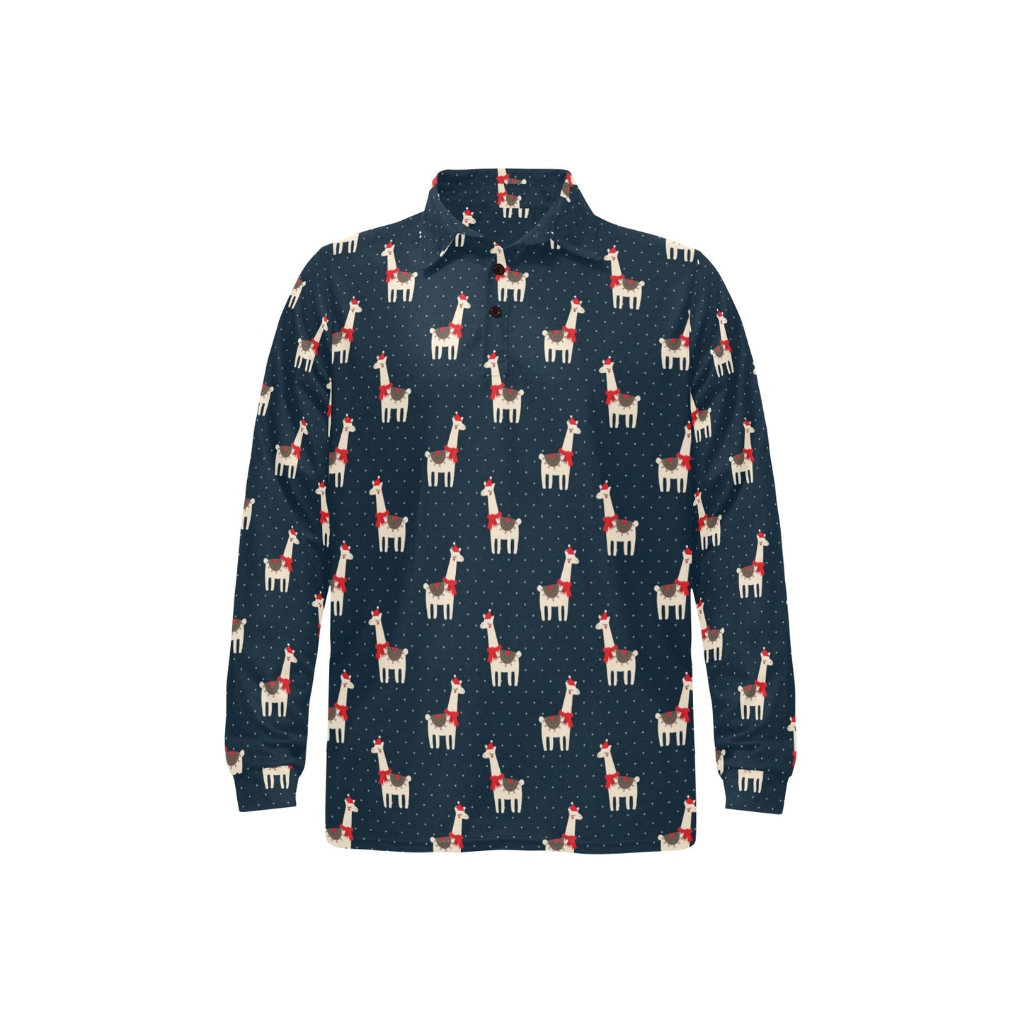 Llama with Polka Dot Themed Print Long Sleeve Polo Shirt For Men's