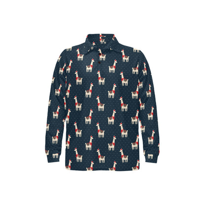 Llama with Polka Dot Themed Print Long Sleeve Polo Shirt For Men's