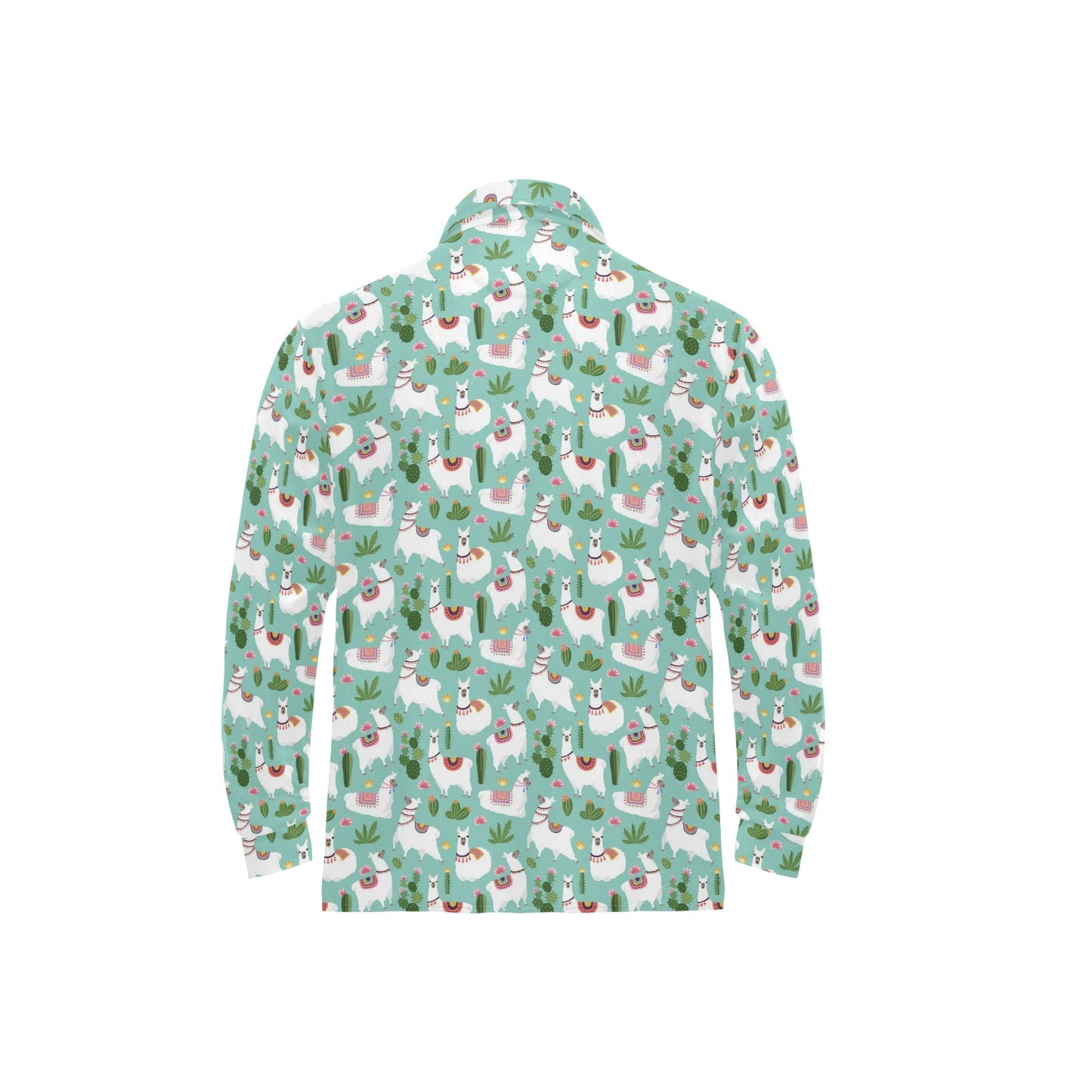 Llama with Cactus Themed Print Long Sleeve Polo Shirt For Men's