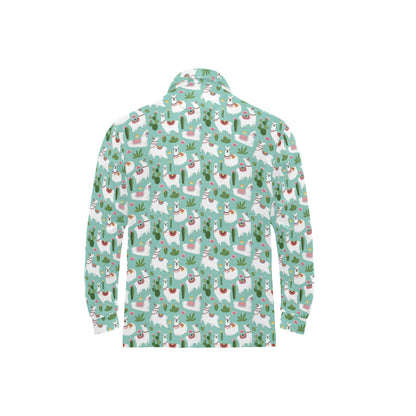 Llama with Cactus Themed Print Long Sleeve Polo Shirt For Men's