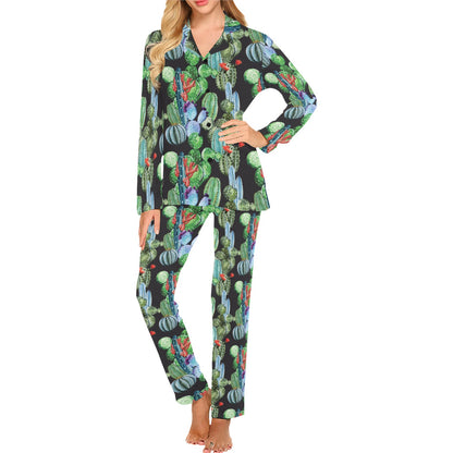 Cactus Watercolor Style Print Women's Long Pajama Set