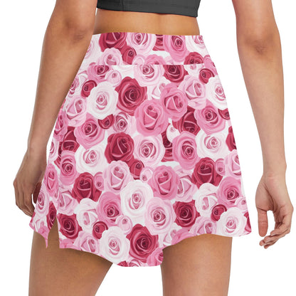 Pink Red Rose Pattern Print 17" Golf & Pickleball Skort with Pockets