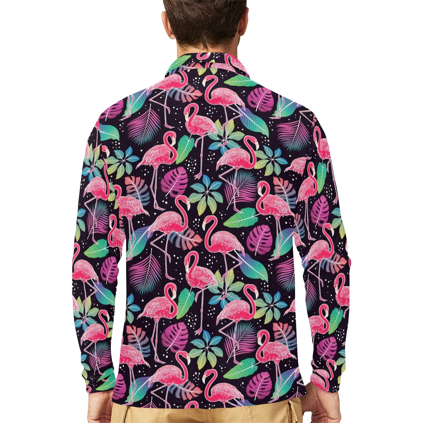 Flamingo Tropical leaves Neon Print Long Sleeve Polo Shirt For Men's